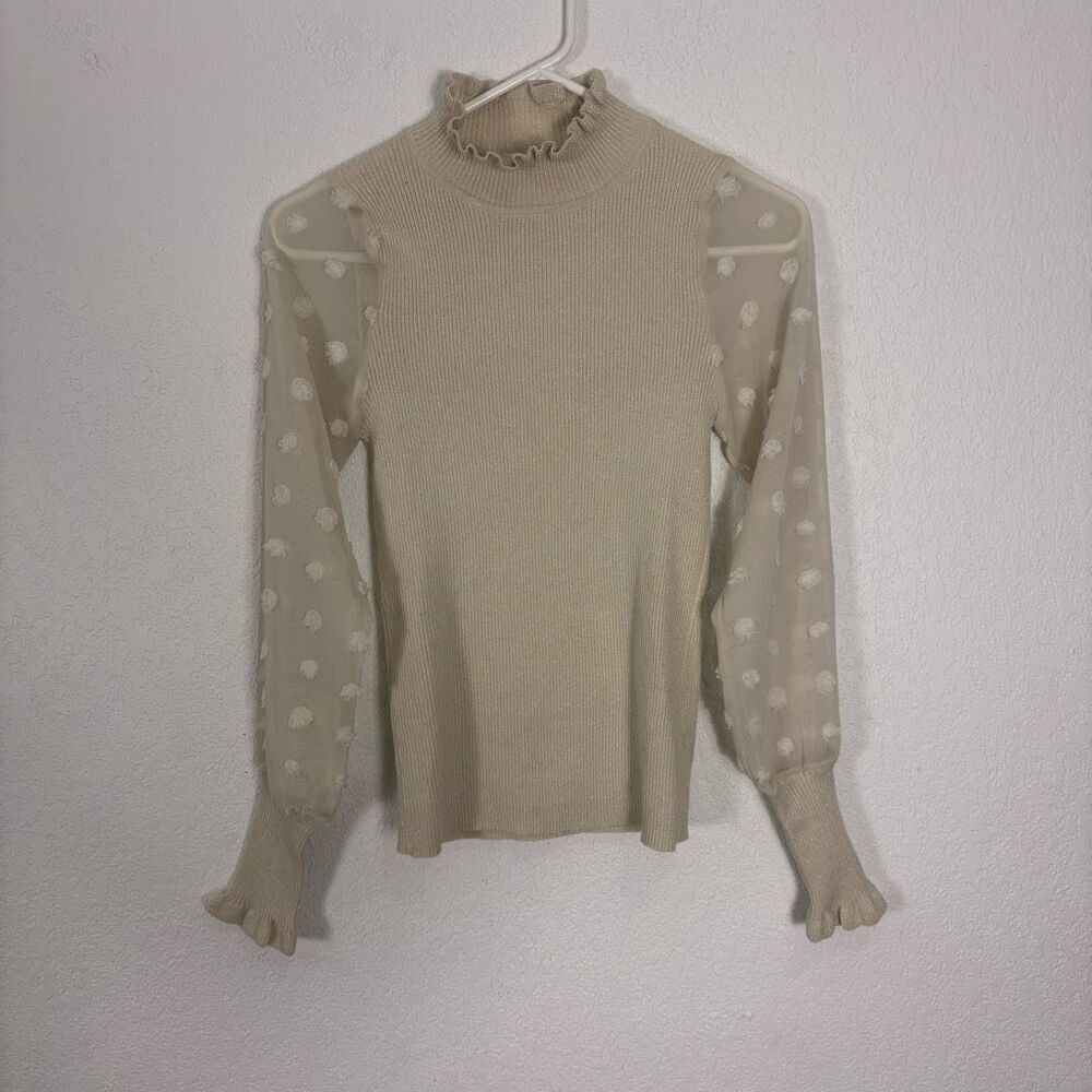 Callahan Anthropologie Cream Sparkle Ribbed MockNeck Polka Dot Sleeve Sweater XS